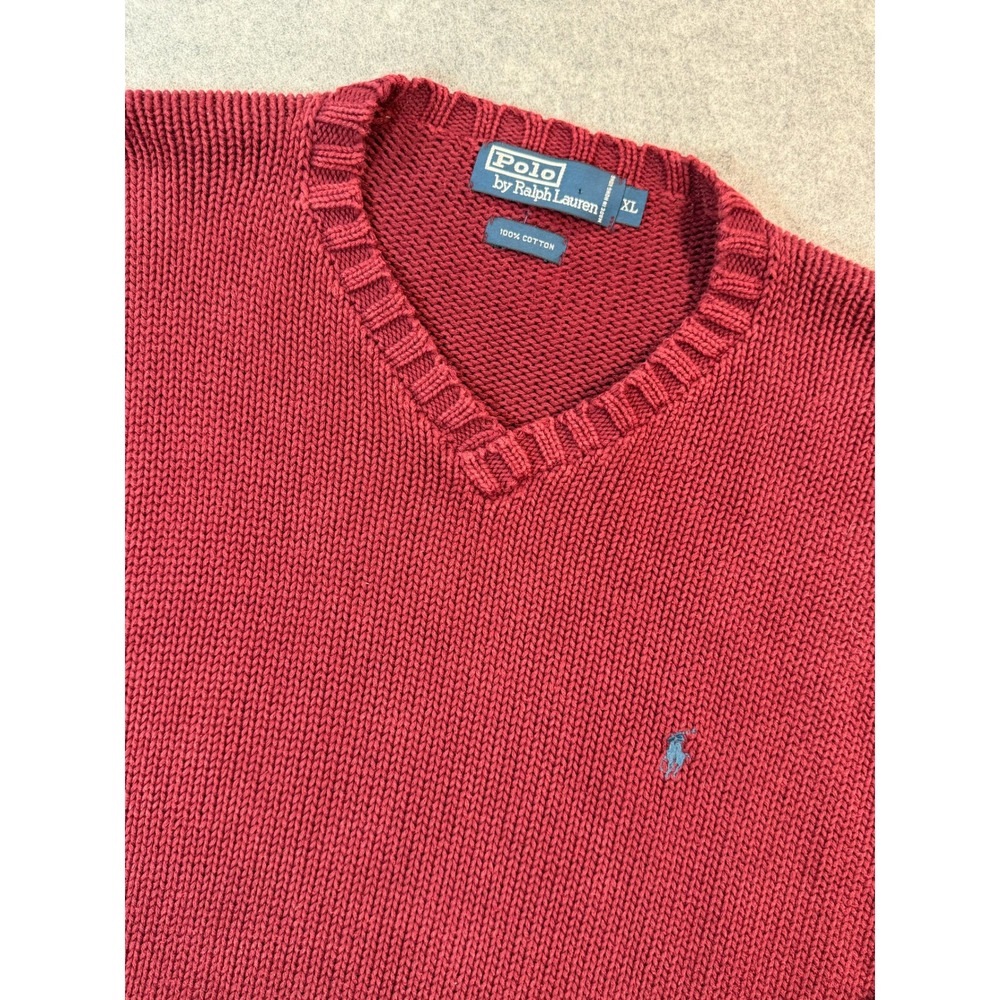 Polo Ralph Lauren Mens XL Burgundy Red V-Neck 100% Cotton Shaker Knit Sweater